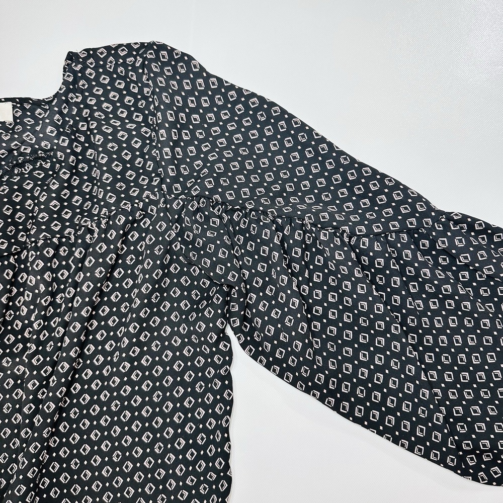 LOFT Women's Large Black White Geometric Print Blouse Long Sleeve Tie Cuff Top - Picture 7 of 7